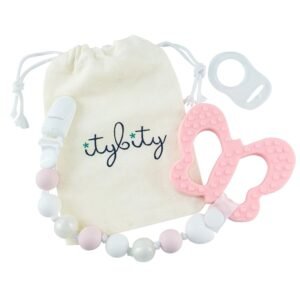 Butterfly Teething Toy and Pacifier Clip, BPA Free Silicone Teether Pink/Pearl
