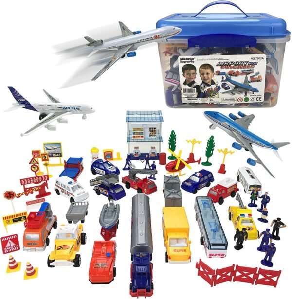 Liberty Imports Deluxe 57-Piece Kids Commercial Airport Playset in Storage Bucket with