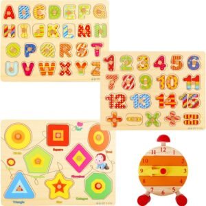 Wooden Peg Puzzles for Toddlers Pack of 3 with Stackable Learning Clock