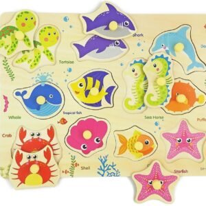 Wooden Peg Puzzle, Sea Creature Chunky Baby Puzzles, Colorful Wood Shape Puzzle
