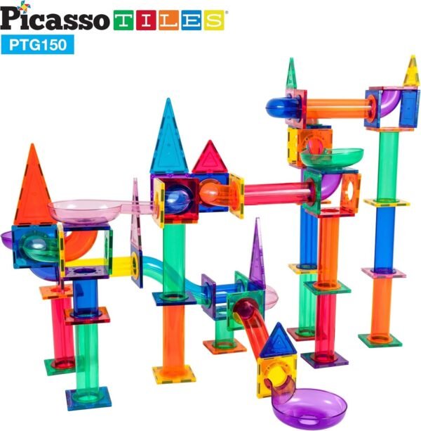 PicassoTiles Marble Run 150-Piece Magnetic Tile Race Track Toy Play Set STEM