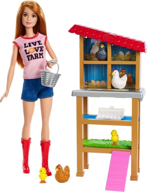 Barbie Chicken Farmer Doll, Red-Haired, and Playset with Henhouse and Accessories