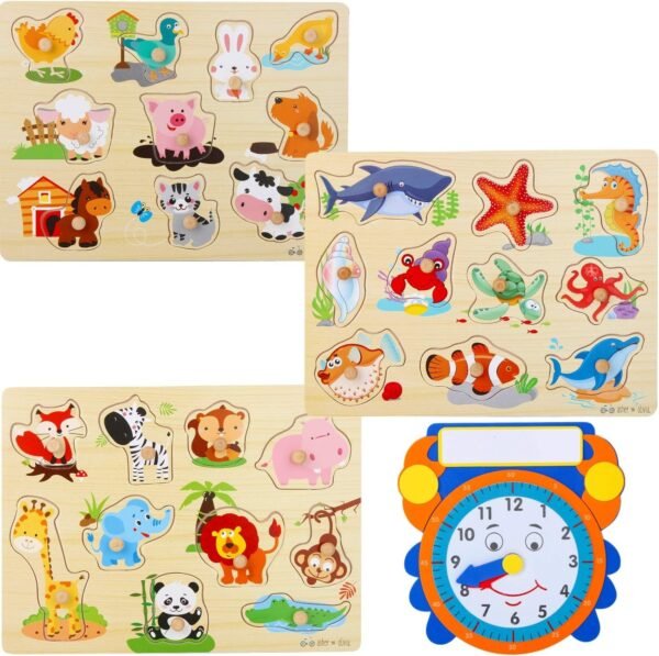 Wooden Peg Puzzles for Toddlers and Babies Pack of 3 with Learning