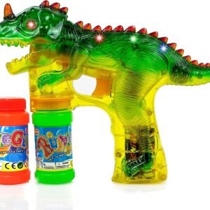 Dinosaur Bubble Gun Shooter with LED Lights, Sounds, Batteries, and 2 Bottles