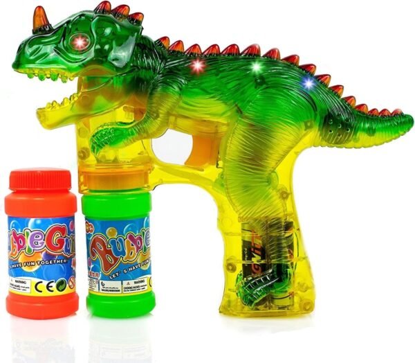 Dinosaur Bubble Gun Shooter with LED Lights, Sounds, Batteries, and 2 Bottles