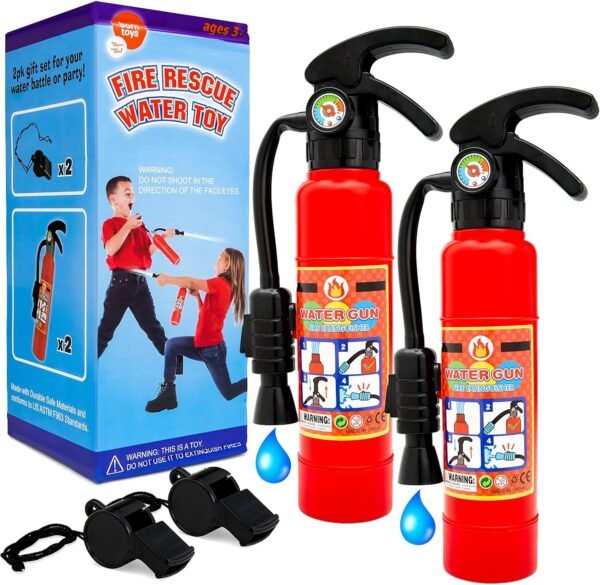 Toy fire extinguishers with Whistles 2 Pack.Shoots Real Water Great for Fireman