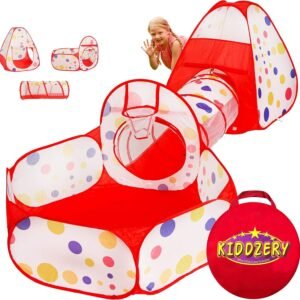 Kiddzery 3pc Kids Play Tent Crawl Tunnel and Ball Pit with Basketball