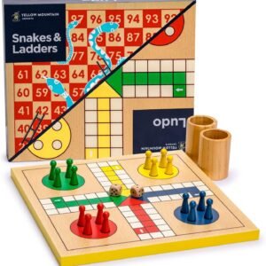 Yellow Mountain Imports 2-in-1 Reversible Wooden Snakes and Ladders, Ludo Game Set