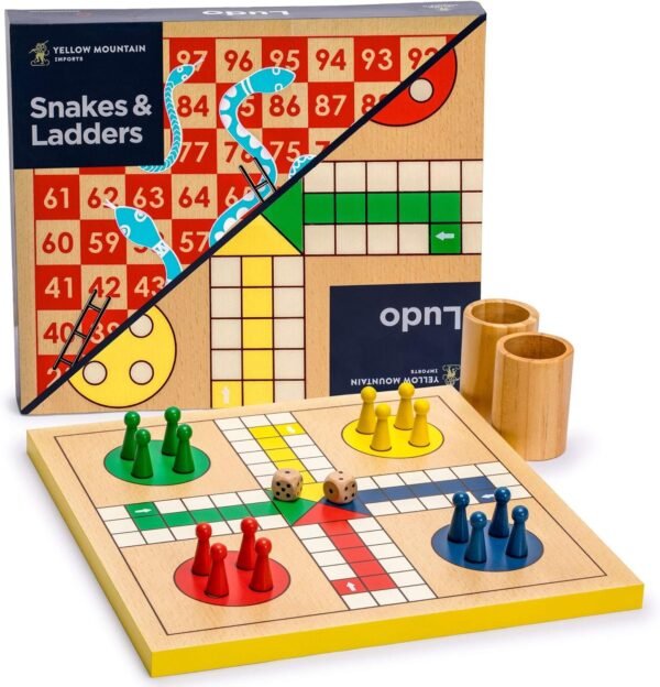 Yellow Mountain Imports 2-in-1 Reversible Wooden Snakes and Ladders, Ludo Game Set