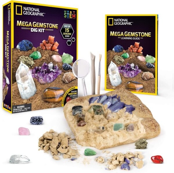 NATIONAL GEOGRAPHIC Mega Gemstone Dig Kit Excavate 15 Real Gems Including Amethyst,