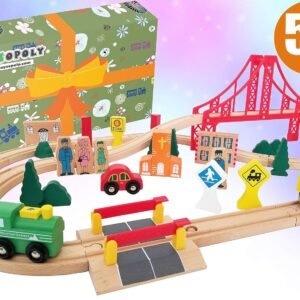 Wooden Train Tracks Full Set, Deluxe 55 Pcs with 3 Destination Fits