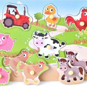 Wooden Puzzles Farm Chunky Baby Puzzles Peg Board, Full-Color Pictures for Preschool