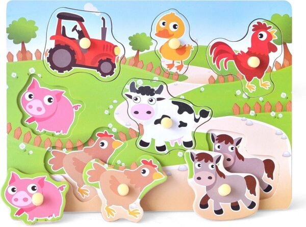 Wooden Puzzles Farm Chunky Baby Puzzles Peg Board, Full-Color Pictures for Preschool