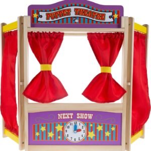 Hey Play Wooden Tabletop Puppet Theater with Curtains, Blackboard, and Clock- Inspires
