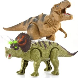 JOYIN 2 in 1 Dinosaur Realistic Walking T-rex Toy Electronic and Triceratops