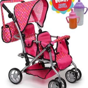Exquisite Buggy, Twin Doll Stroller with Diaper Bag and Swivel Wheels &