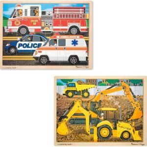 Melissa & Doug Vehicles Wooden Jigsaw Puzzles Set - Construction and Rescue