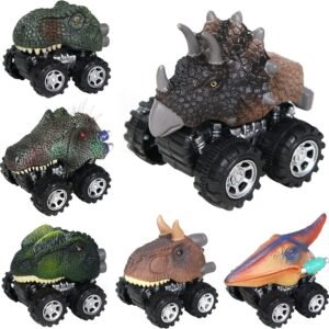 Original Color Dinosaur Cars,6 Pack Pull Back Dinosaur Vehicle Set, Mini Pull