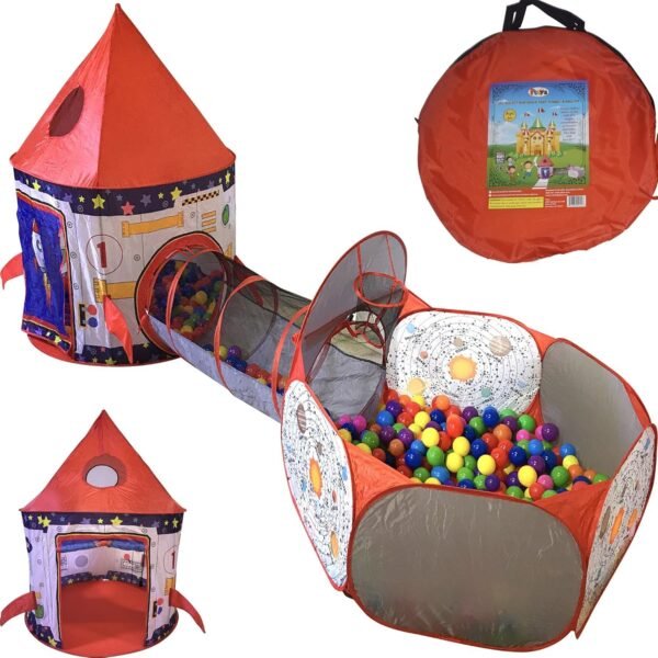 Playz 3pc Rocket Ship Astronaut Kids Play Tent, Tunnel, & Ball Pit