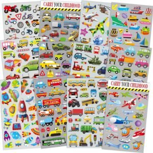 HORIECHALY Transportation Stickers for Kids 12 Sheets with Cars, Airplane, Train, Motorbike,