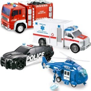 JOYIN 4 Pack Friction Powered City Hero Play Set Including Fire Engine