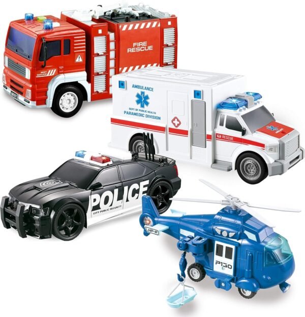 JOYIN 4 Pack Friction Powered City Hero Play Set Including Fire Engine