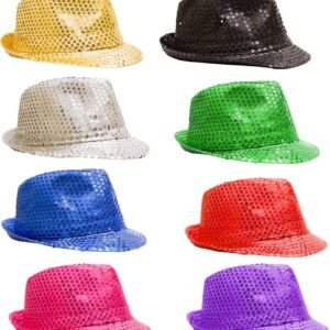 12 Pack - LED Light Up Sequin Fedoras Hats for Men &